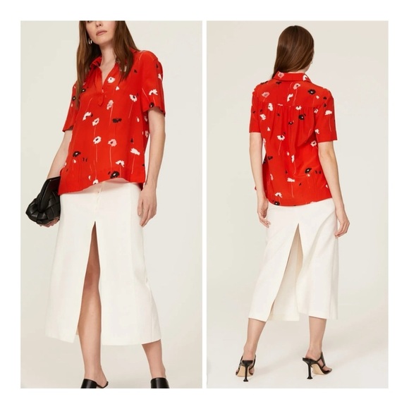Jason Wu Sz 4 100% Silk Red Tossed Blossoms Collared Silk Short Sleeve Blouse - Picture 1 of 11